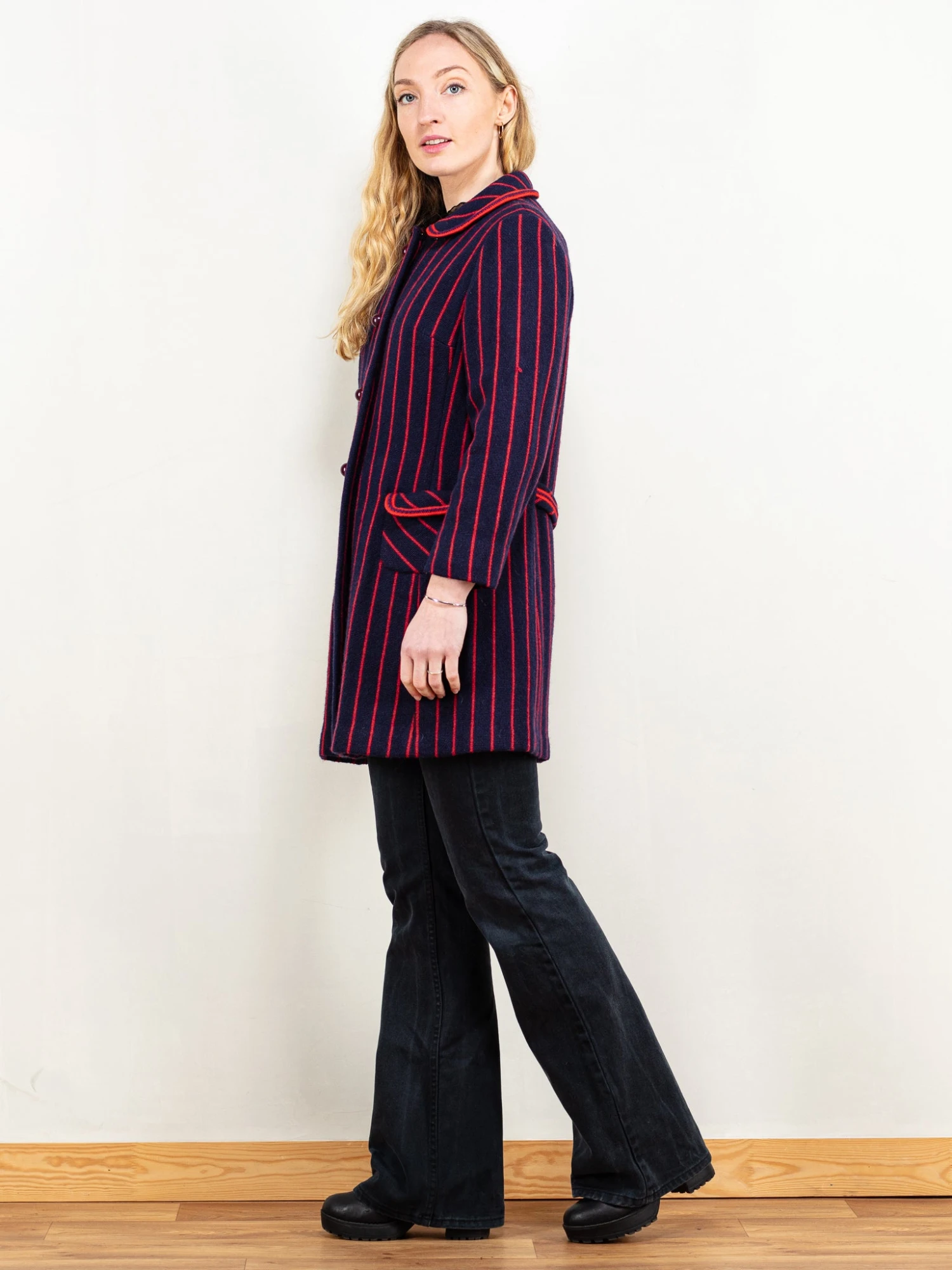 Vintage 60's Women Striped Wool Coat In Blue And Red 3 Vintage 60's Women Striped Wool Coat In Blue And Red - Image 3