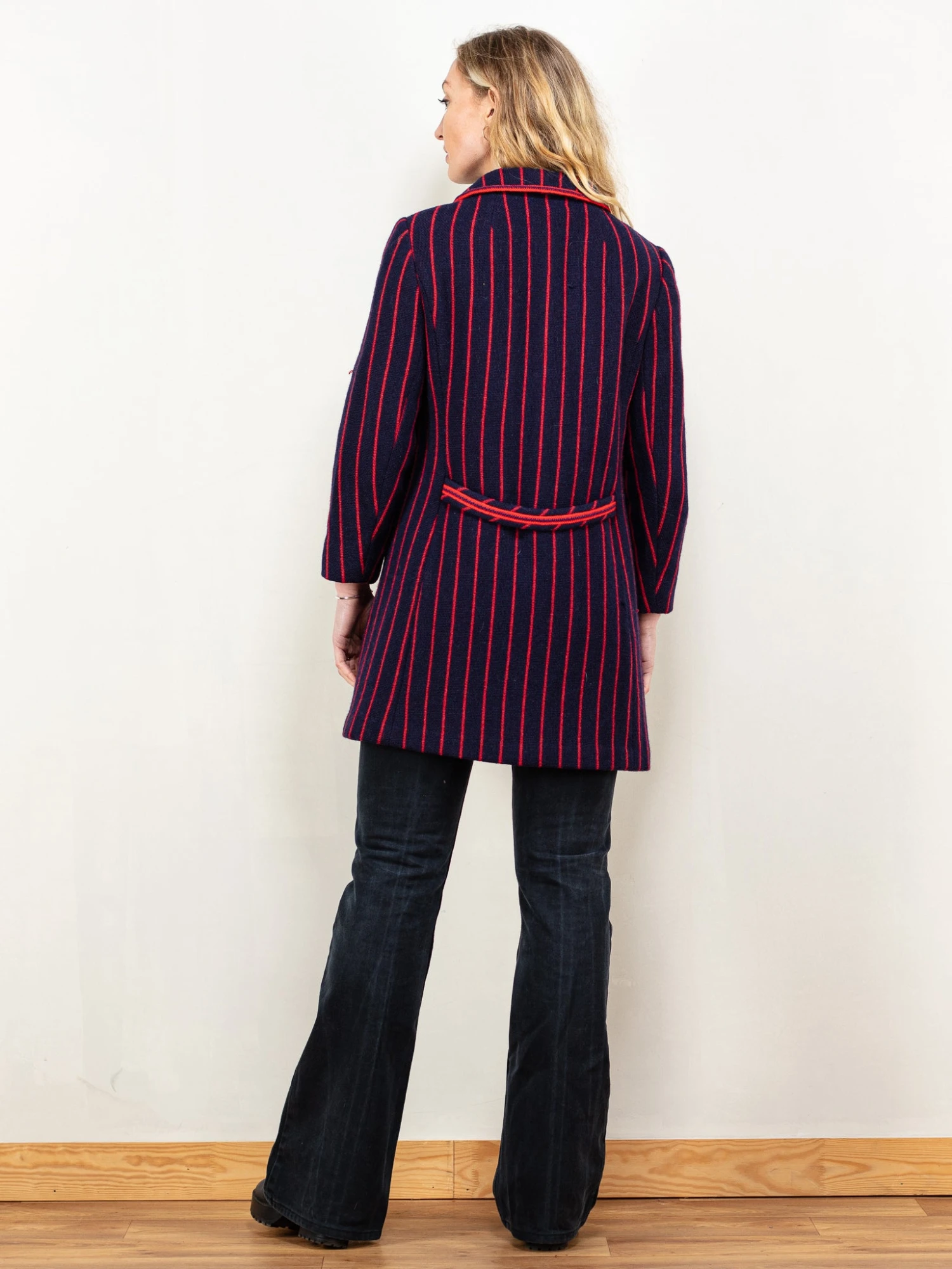 Vintage 60's Women Striped Wool Coat In Blue And Red 2 Vintage 60's Women Striped Wool Coat In Blue And Red - Image 2