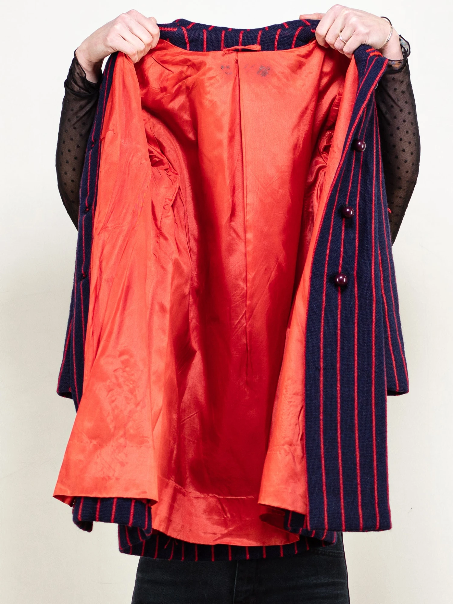 Vintage 60's Women Striped Wool Coat In Blue And Red 4 Vintage 60's Women Striped Wool Coat In Blue And Red - Image 4