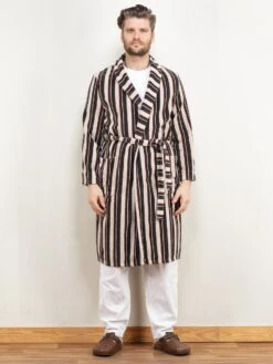 Vintage 80's Men Bathrobe In White And Brown