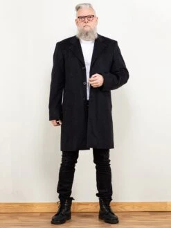 Vintage 90's Men Wool Blend Longline Coat In Black