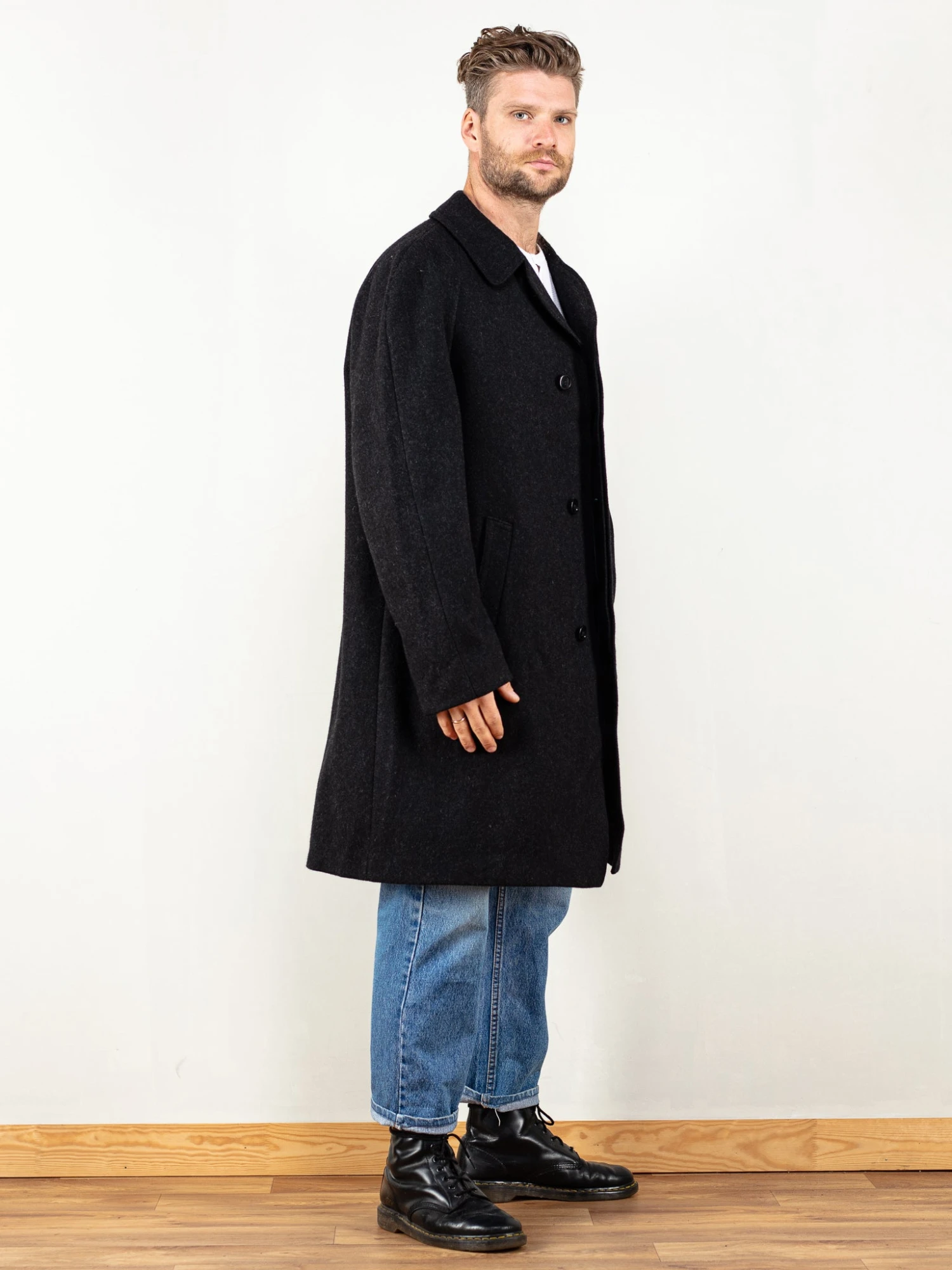 Vintage 70's Men Wool Blend Coat In Dark Grey 3 Vintage 70's Men Wool Blend Coat In Dark Grey - Image 3