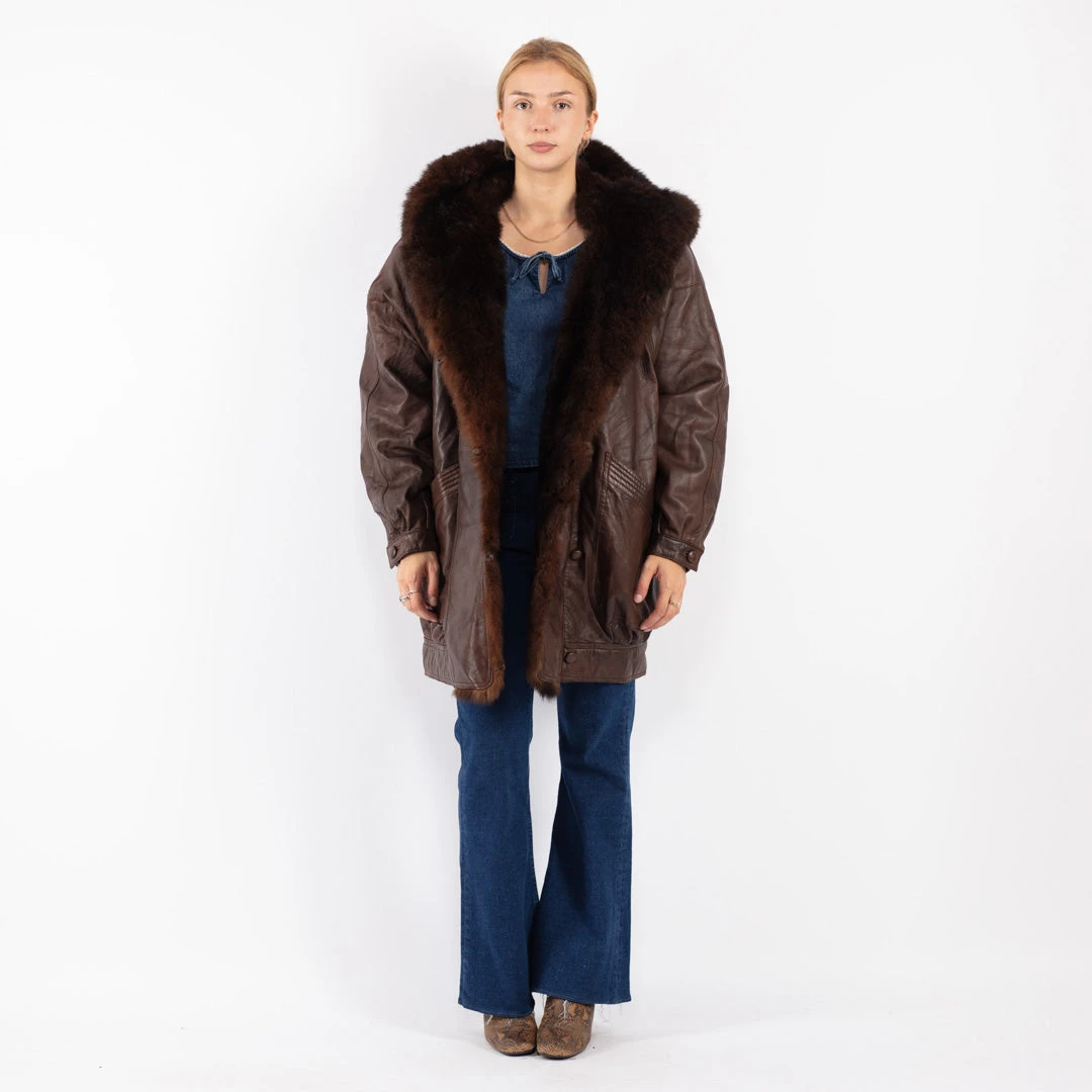 Vintage 80's Women Leather Fur Coat In Brown 5 Vintage 80's Women Leather Fur Coat In Brown - Image 5