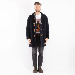 Vintage 80's Men Hooded Wool Duffle Coat In Blue -Northern Grip kvadrats 33 236506ca ce4d 4387 8faa 2a5de0d714b9