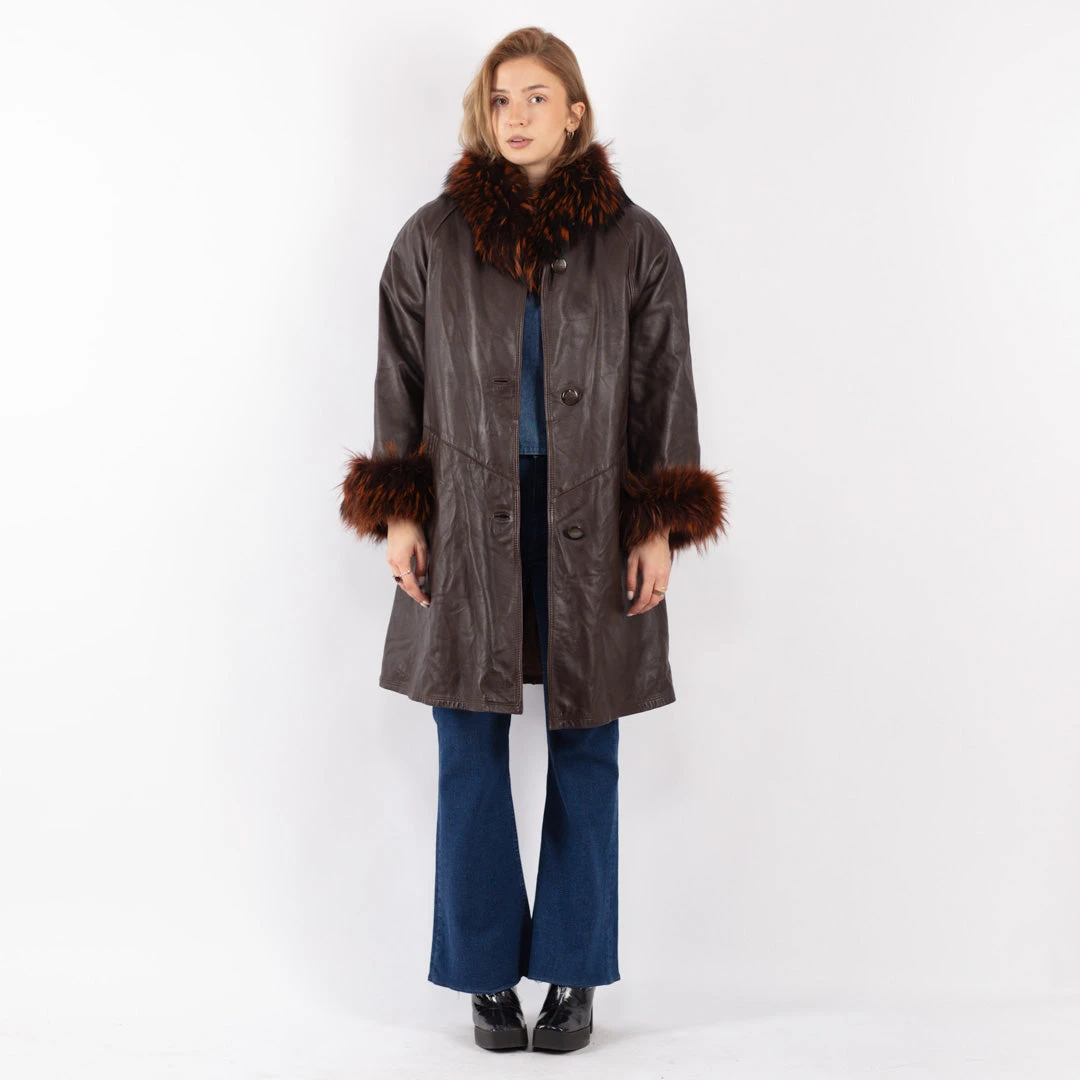 Vintage 70's Women Leather Fur Coat In Brown 5 Vintage 70's Women Leather Fur Coat In Brown - Image 5