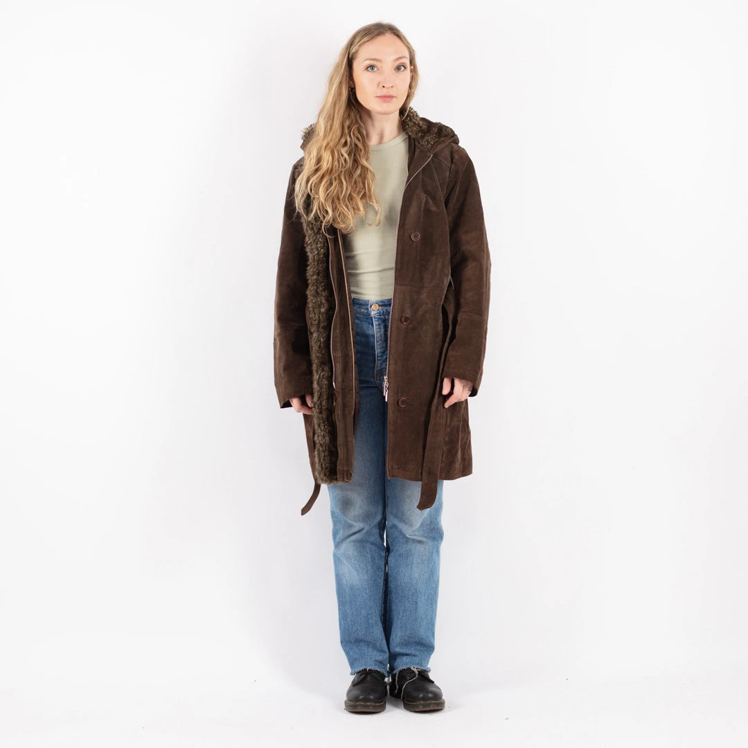 Vintage 90's Women Hooded Suede Sherpa Coat In Brown 5 Vintage 90's Women Hooded Suede Sherpa Coat In Brown - Image 5