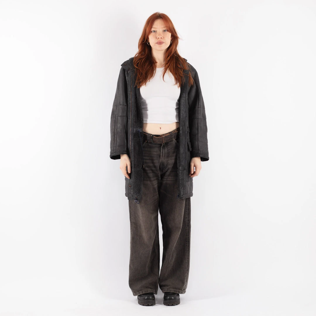 Vintage 80's Women Hooded Sheepskin Coat In Gray 5 Vintage 80's Women Hooded Sheepskin Coat In Gray - Image 5