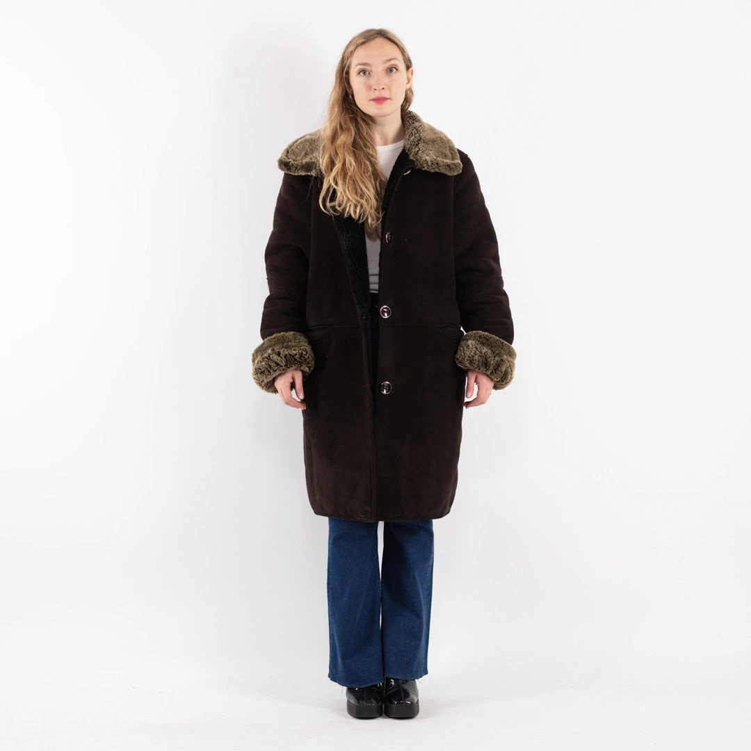 Vintage 90's Women Faux Sheepskin Coat In Dark Brown 5 Vintage 90's Women Faux Sheepskin Coat In Dark Brown - Image 5
