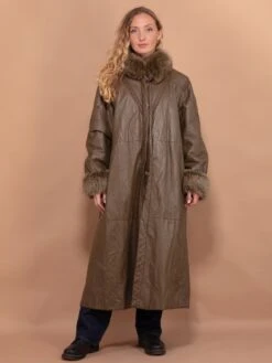 Vintage 80's Women Leather Fur Coat In Clay Brown