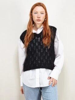 Vintage 90's Women Handmade Fine Knit Vest In Black