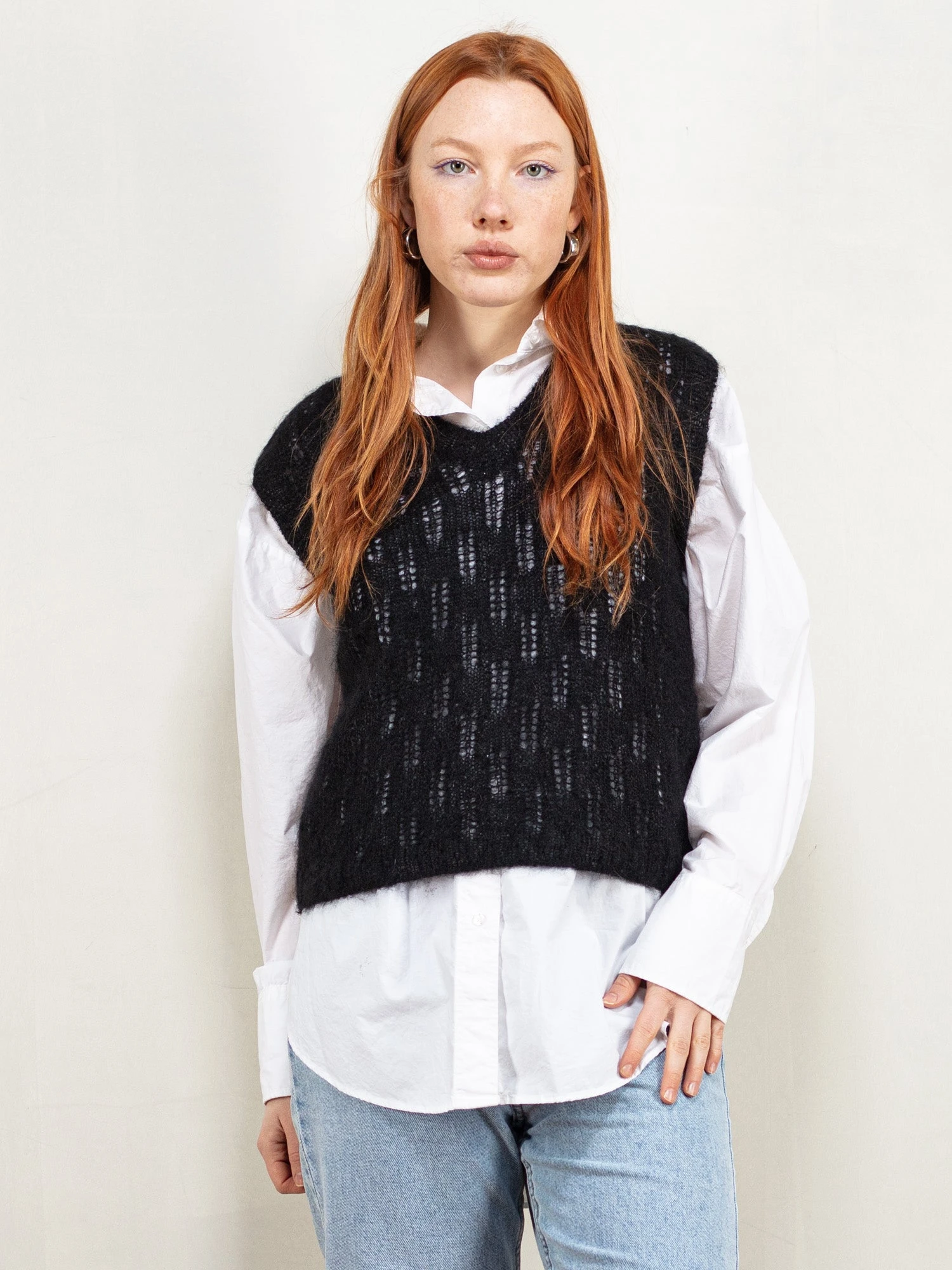 Vintage 90's Women Handmade Fine Knit Vest In Black 1 Vintage 90's Women Handmade Fine Knit Vest In Black