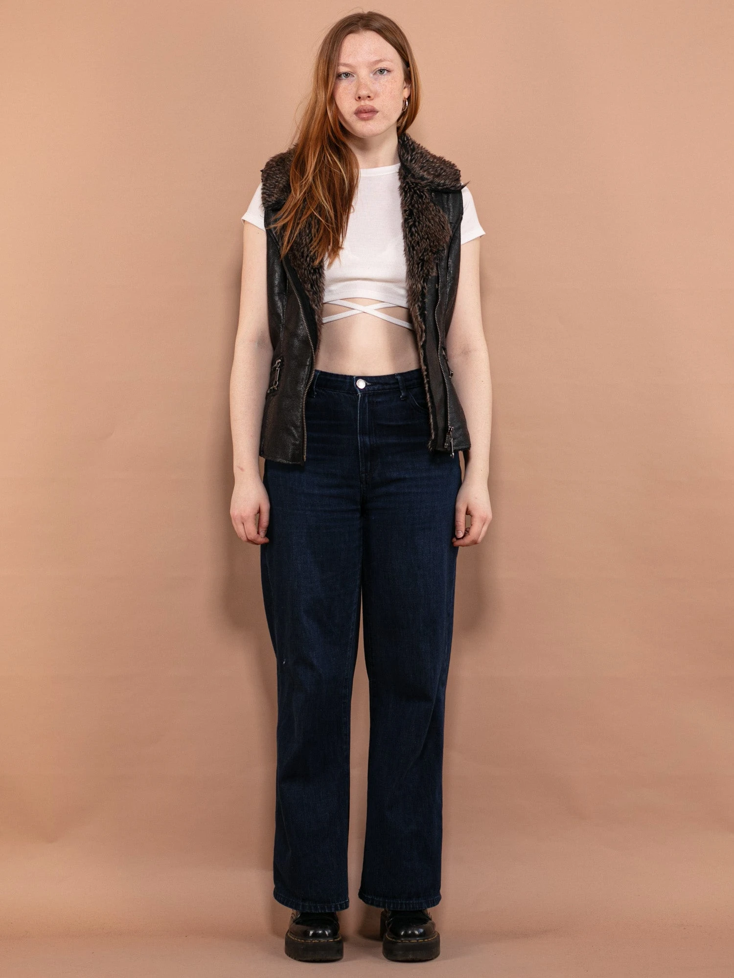 Vintage 00's Women Faux Leather Sherpa Vest In Black 1 Vintage 00's Women Faux Leather Sherpa Vest In Black