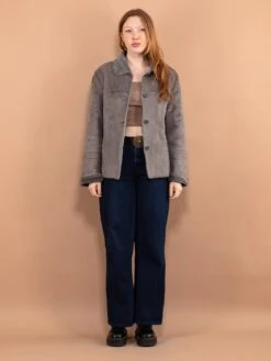 Vintage 00's Women Sherpa Lined Bomber Jacket In Grey