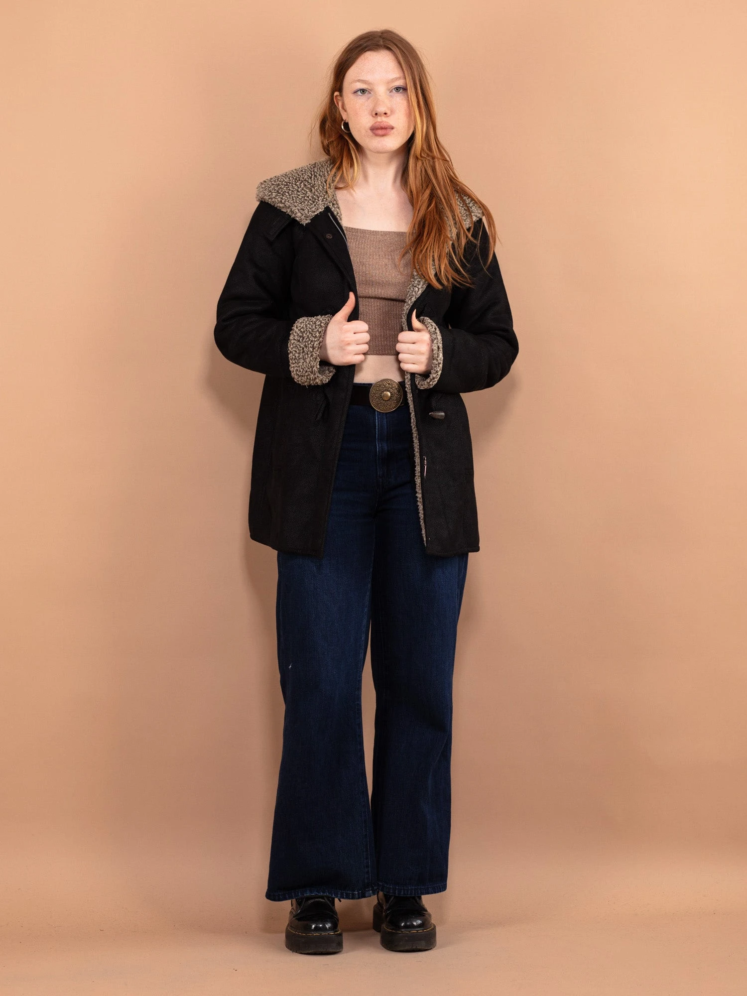 Vintage 00's Women Hooded Faux Sheepskin Jacket In Black 1 Vintage 00's Women Hooded Faux Sheepskin Jacket In Black