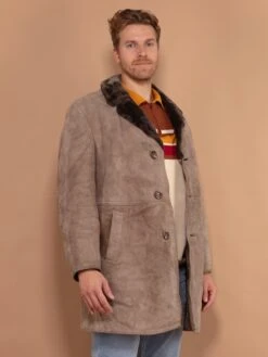 Vintage 70's Men Shearling Suede Coat In Beige -Northern Grip vintage 70s men beige shearling sheepskin coat 2