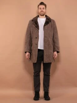 Vintage 70's Men Shearling Suede Coat In Grey