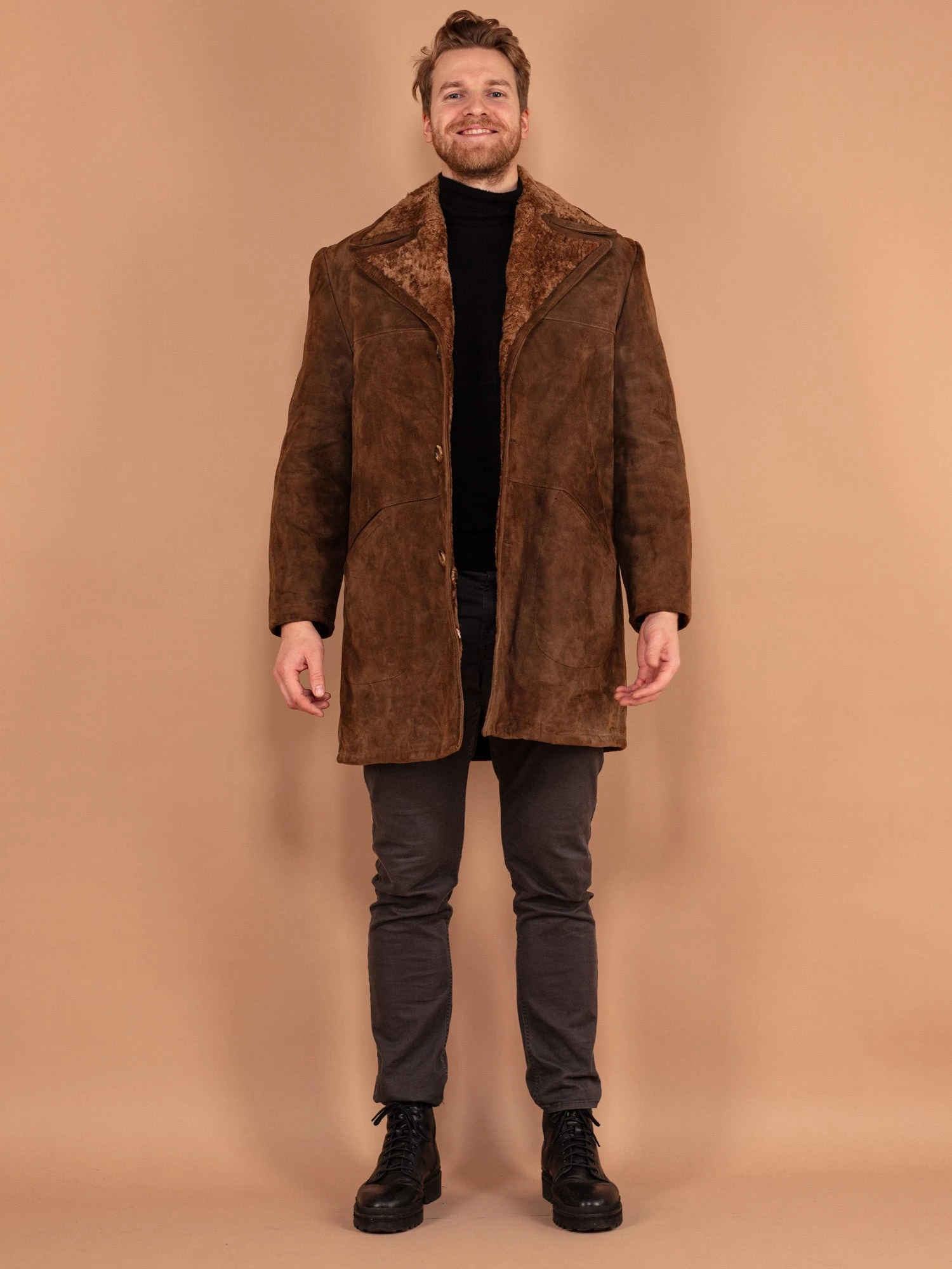 Vintage 70's Men Western Sheepskin Suede Coat In Brown 1 Vintage 70's Men Western Sheepskin Suede Coat In Brown