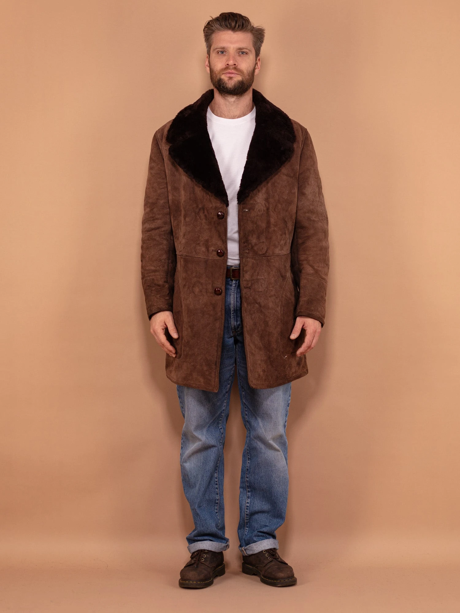 Vintage 70's Men Shearling Suede Coat In Brown 1 Vintage 70's Men Shearling Suede Coat In Brown
