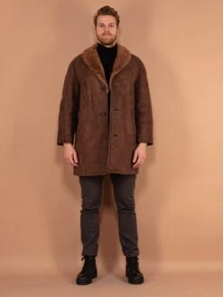 Vintage 70's Men Sheepskin Suede Coat In Brown