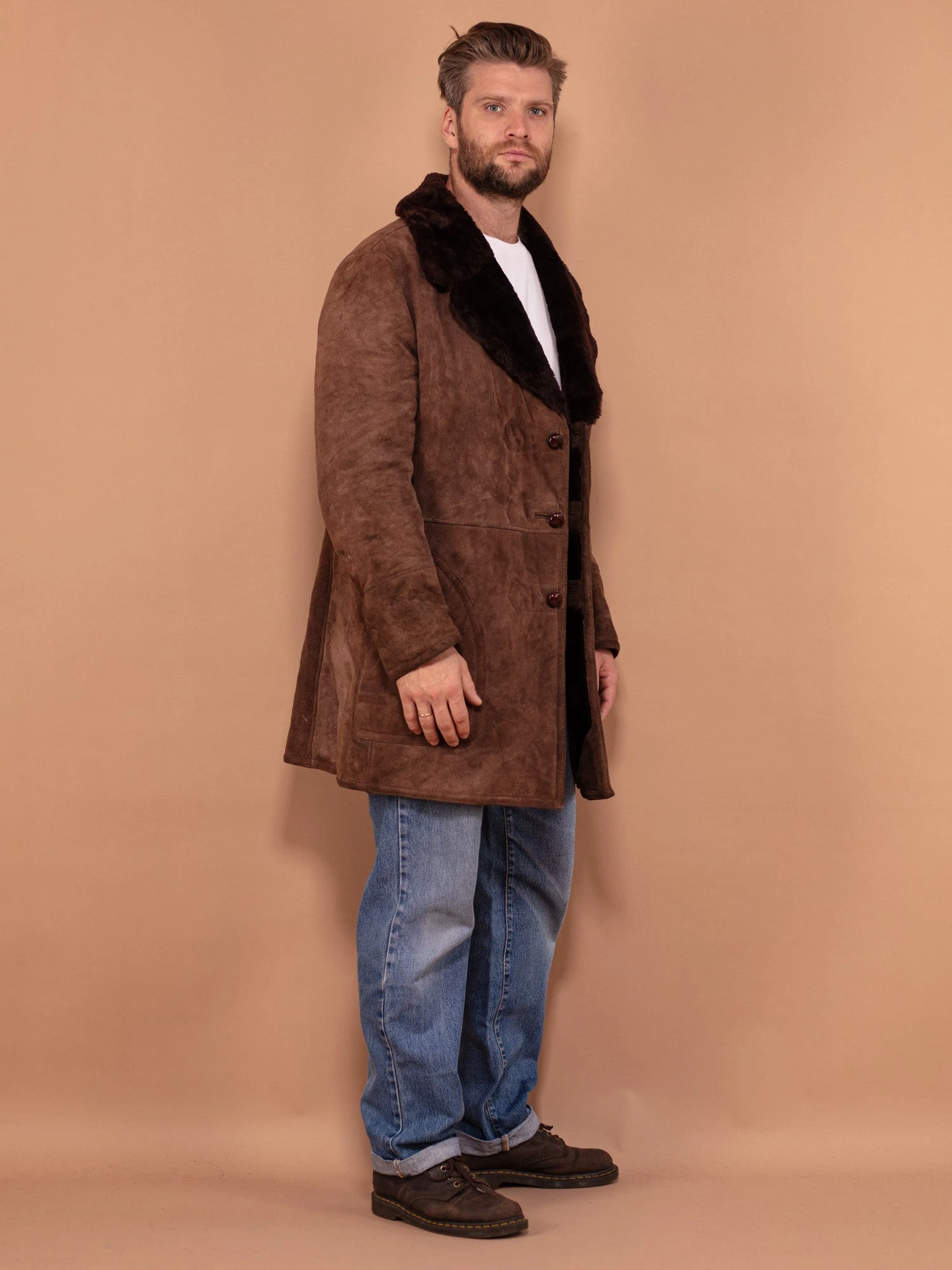 Vintage 70's Men Shearling Suede Coat In Brown 3 Vintage 70's Men Shearling Suede Coat In Brown - Image 3