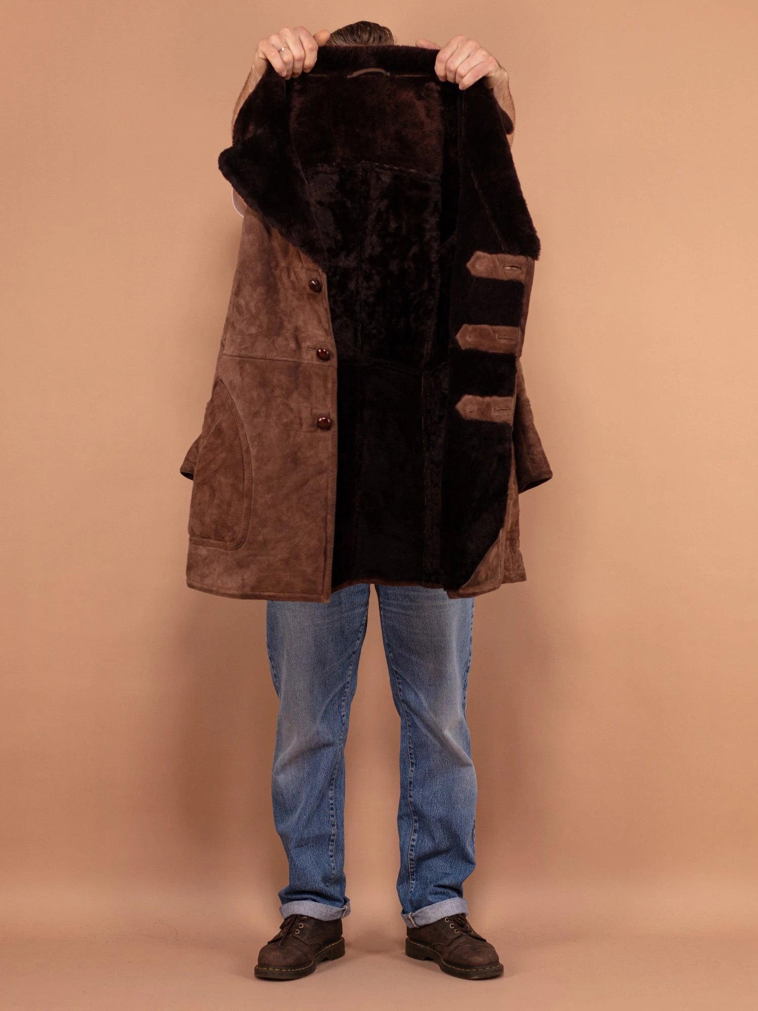 Vintage 70's Men Shearling Suede Coat In Brown 4 Vintage 70's Men Shearling Suede Coat In Brown - Image 4