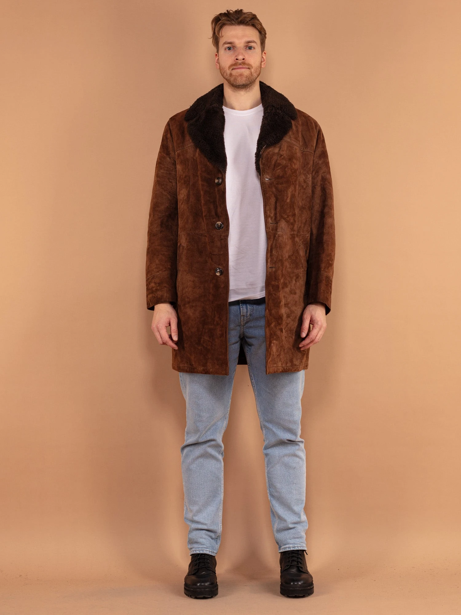 Vintage 70's Men Sherpa Lined Suede Coat In Brown 1 Vintage 70's Men Sherpa Lined Suede Coat In Brown