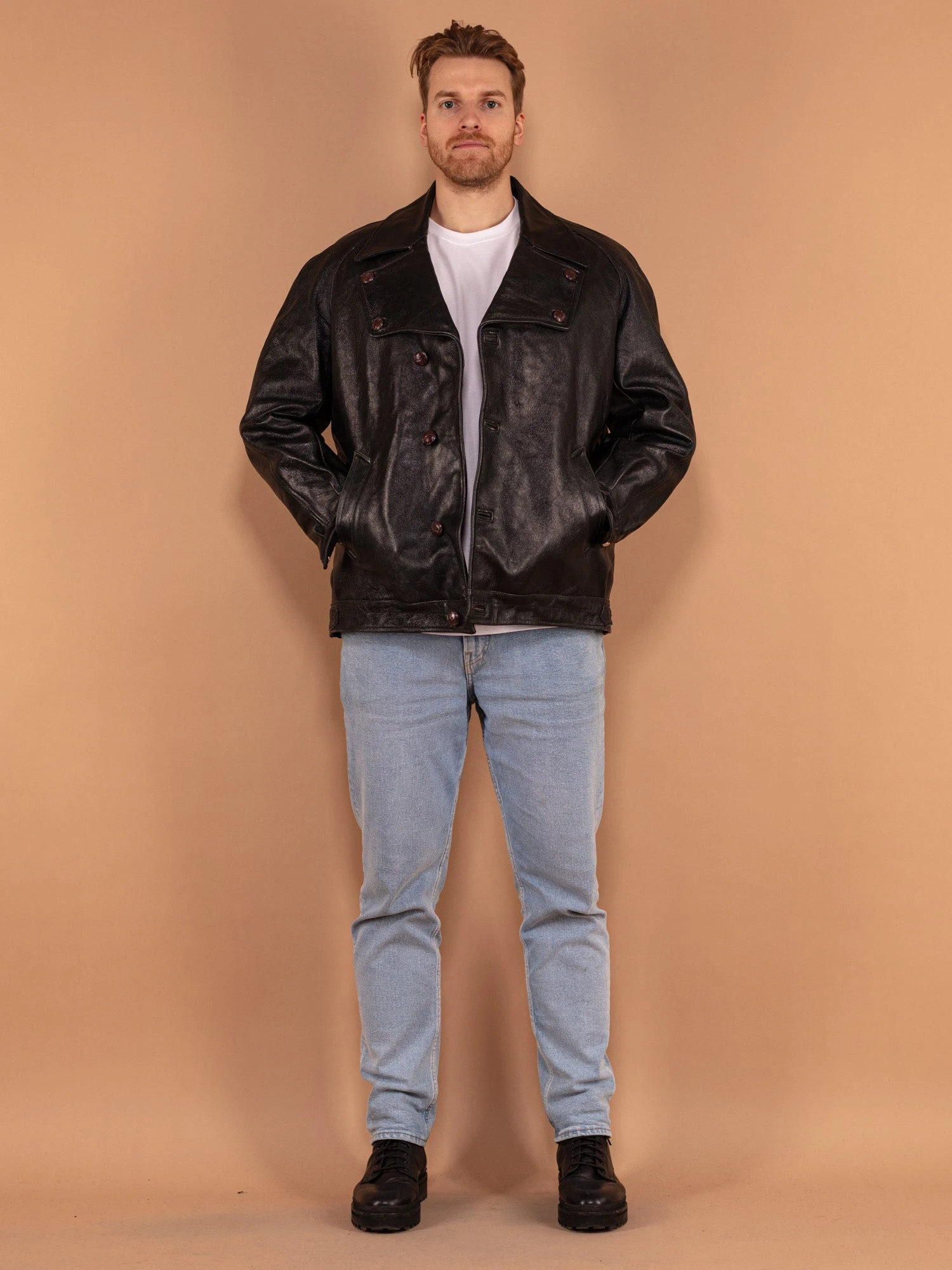 Vintage 80's Men Biker Leather Sheepskin Jacket In Black 1 Vintage 80's Men Biker Leather Sheepskin Jacket In Black