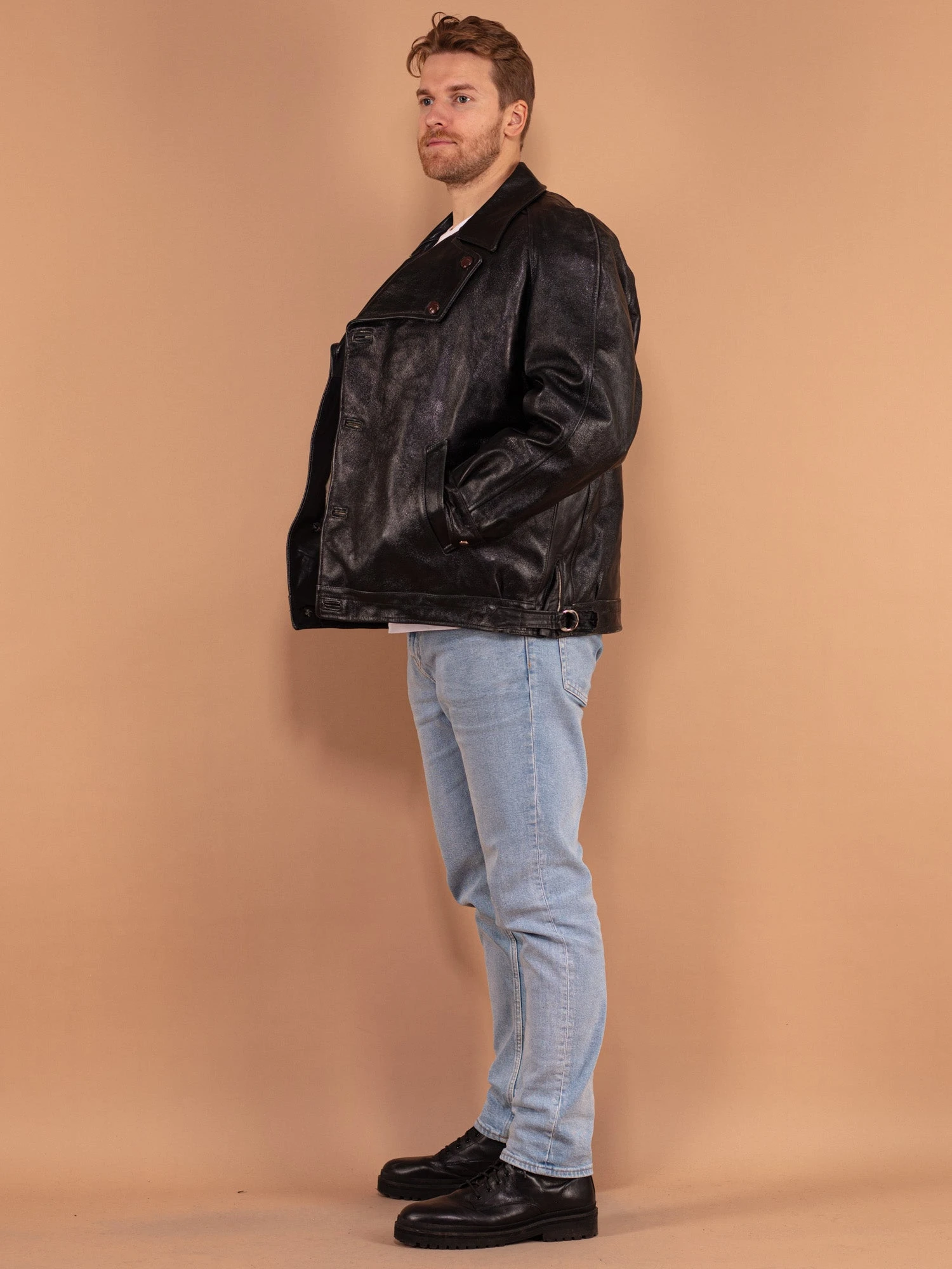 Vintage 80's Men Biker Leather Sheepskin Jacket In Black 3 Vintage 80's Men Biker Leather Sheepskin Jacket In Black - Image 3