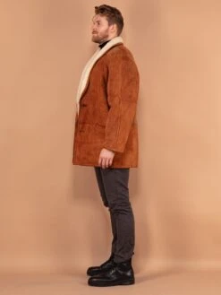 Vintage 80's Men Shearling Suede Coat In Caramel Brown -Northern Grip vintage 80s men shearling suede coat caramel brown 2