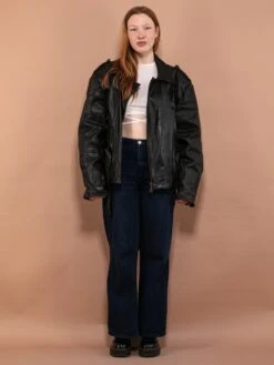 Vintage 80's Women Oversized Leather Biker Jacket In Black