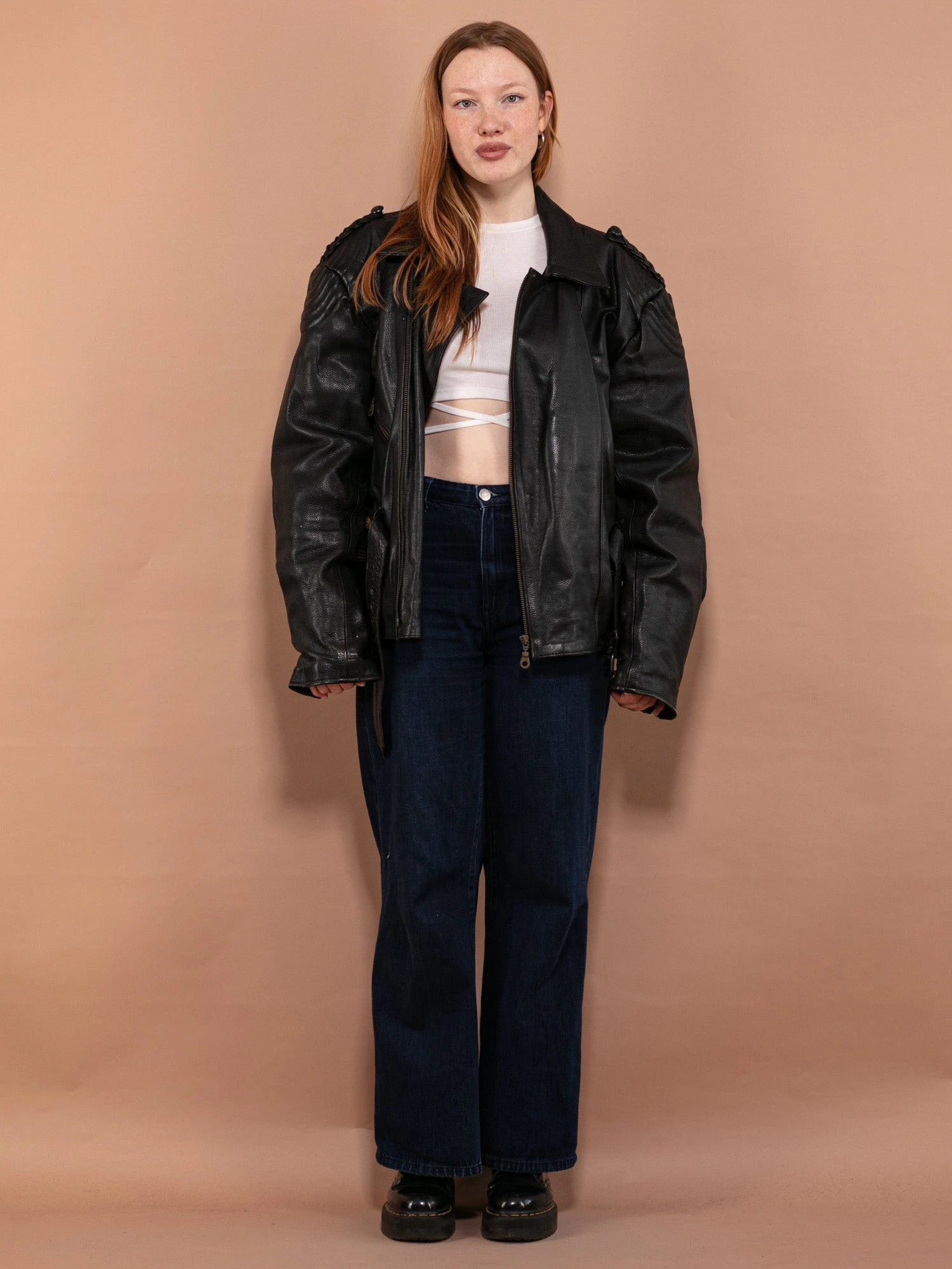 Vintage 80's Women Oversized Leather Biker Jacket In Black 1 Vintage 80's Women Oversized Leather Biker Jacket In Black