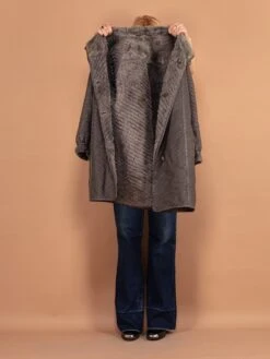 Vintage 80's Women Striped Sheepskin Coat In Grey -Northern Grip vintage 80s women striped grey sheepskin leather coat 5