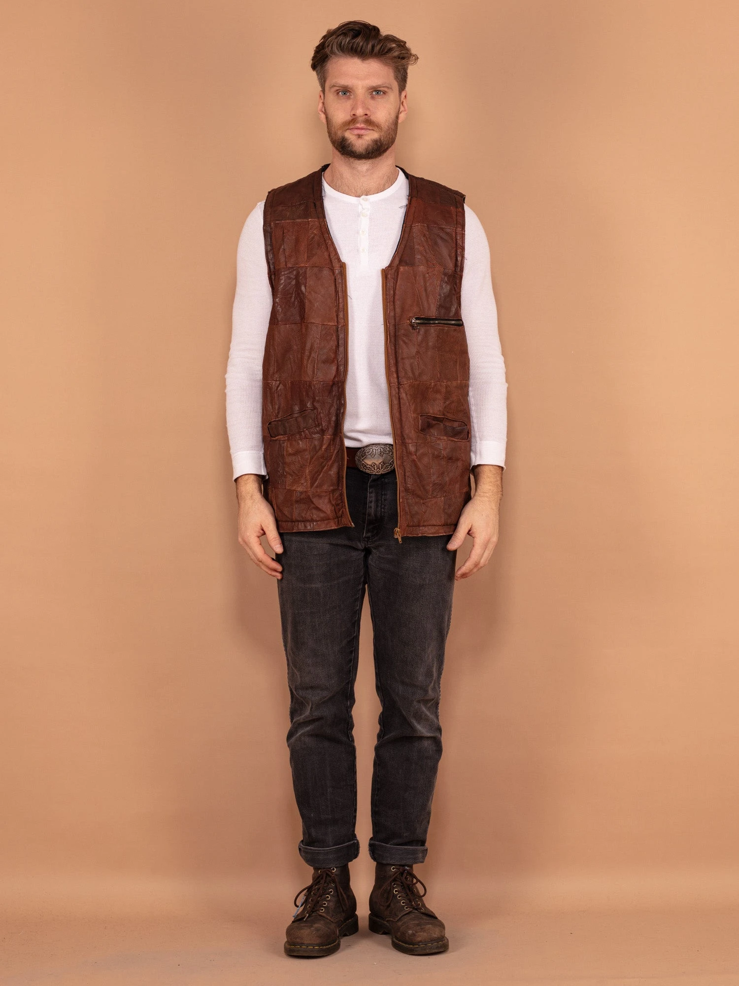 Vintage 80's Men Sherpa Lined Patchwork Leather Vest In Brown 1 Vintage 80's Men Sherpa Lined Patchwork Leather Vest In Brown