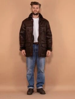 Vintage 90's Men Faux Sheepskin Coat In Dark Brown