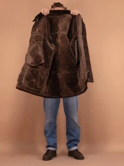 Vintage 90's Men Faux Sheepskin Coat In Dark Brown -Northern Grip vintage 90s men faux sheepskin coat brown 4