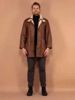 Vintage 90's Men Zip Up Shearling Leather Coat In Brown