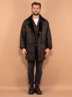 Vintage 90's Men Sheepskin Leather Coat In Grey