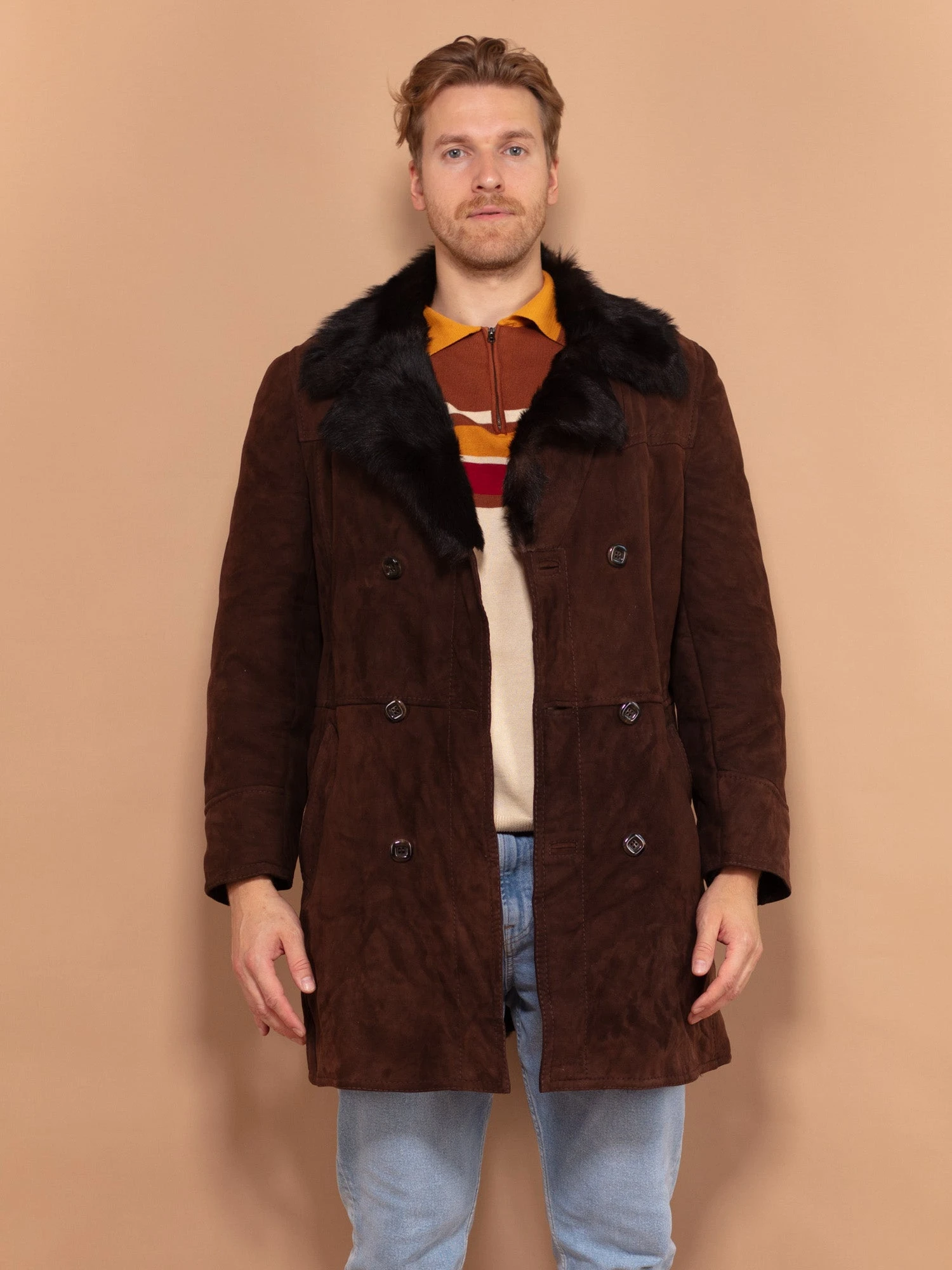 Vintage 90's Men Sheepskin Suede Coat In Chocolate Brown 1 Vintage 90's Men Sheepskin Suede Coat In Chocolate Brown