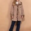 Vintage 90's Women Faux Fur Trimmed Suede Coat In Beige