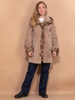 Vintage 90's Women Faux Fur Trimmed Suede Coat In Beige