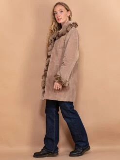 Vintage 90's Women Faux Fur Trimmed Suede Coat In Beige -Northern Grip vintage 90s women beige suede coat faux fur trim 2