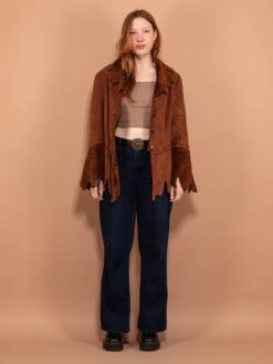 Vintage 90's Women Boho Faux Suede Jacket In Brown