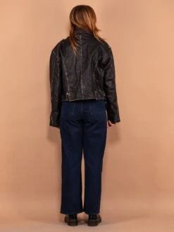 Vintage 90's Women Cropped Leather Moto Jacket In Black -Northern Grip vintage 90s women leather moto biker jacket black 3