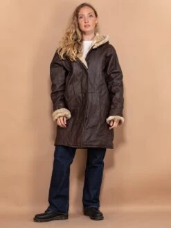 Vintage 90's Women Hooded Leather Sherpa Coat In Brown