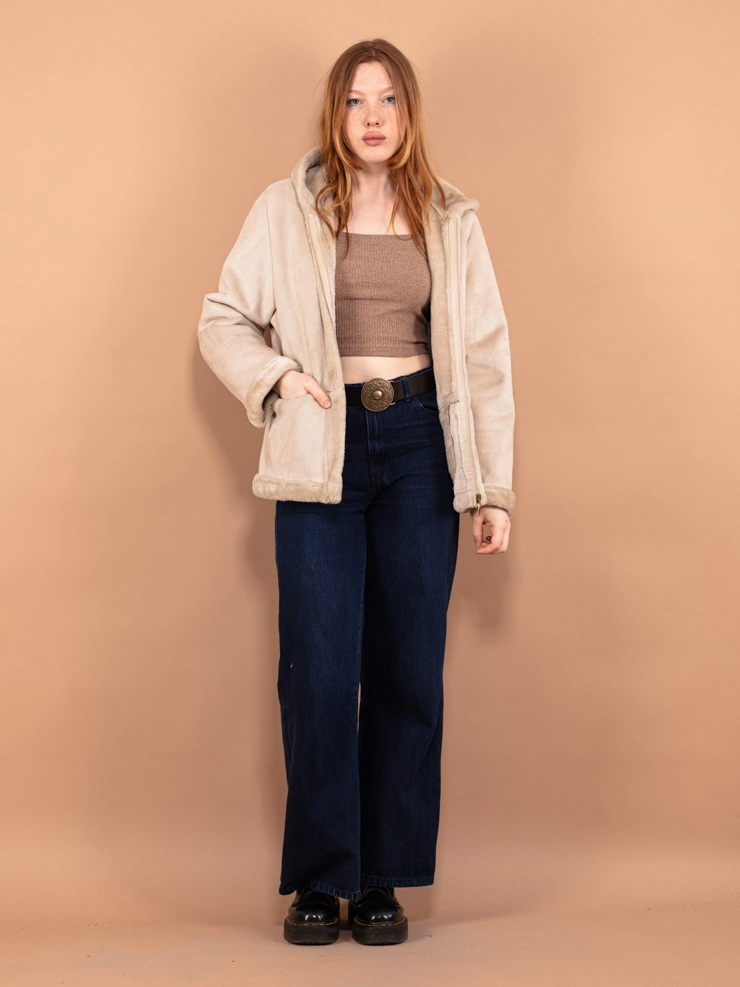 Vintage 00's Women Hooded Sherpa Jacket In Off-White 1 Vintage 00's Women Hooded Sherpa Jacket In Off-White