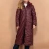 Vintage 80's Women Hooded Leather Coat In Bordo Red