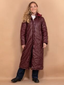 Vintage 80's Women Hooded Leather Coat In Bordo Red