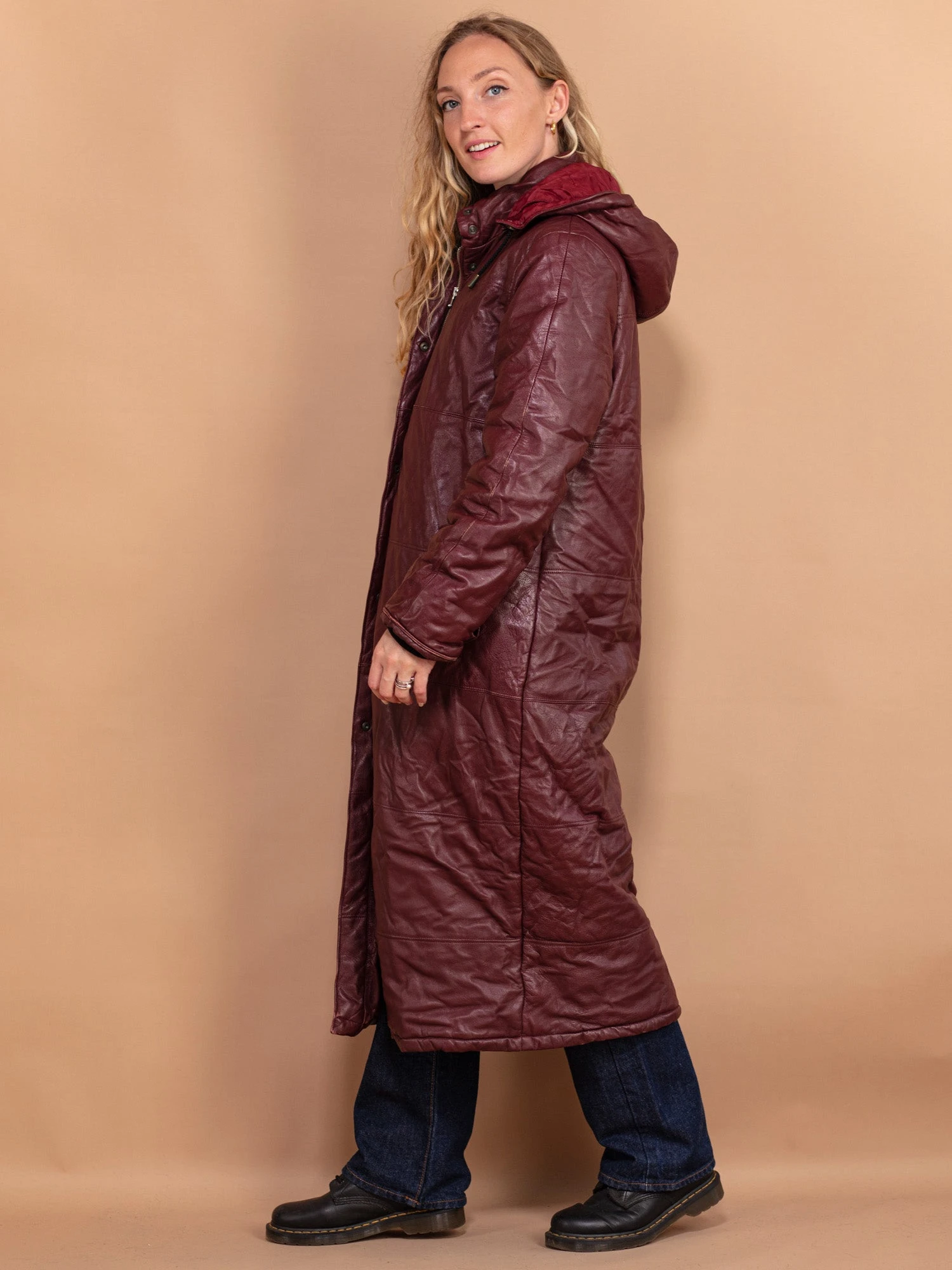 Vintage 80's Women Hooded Leather Coat In Bordo Red 3 Vintage 80's Women Hooded Leather Coat In Bordo Red - Image 3