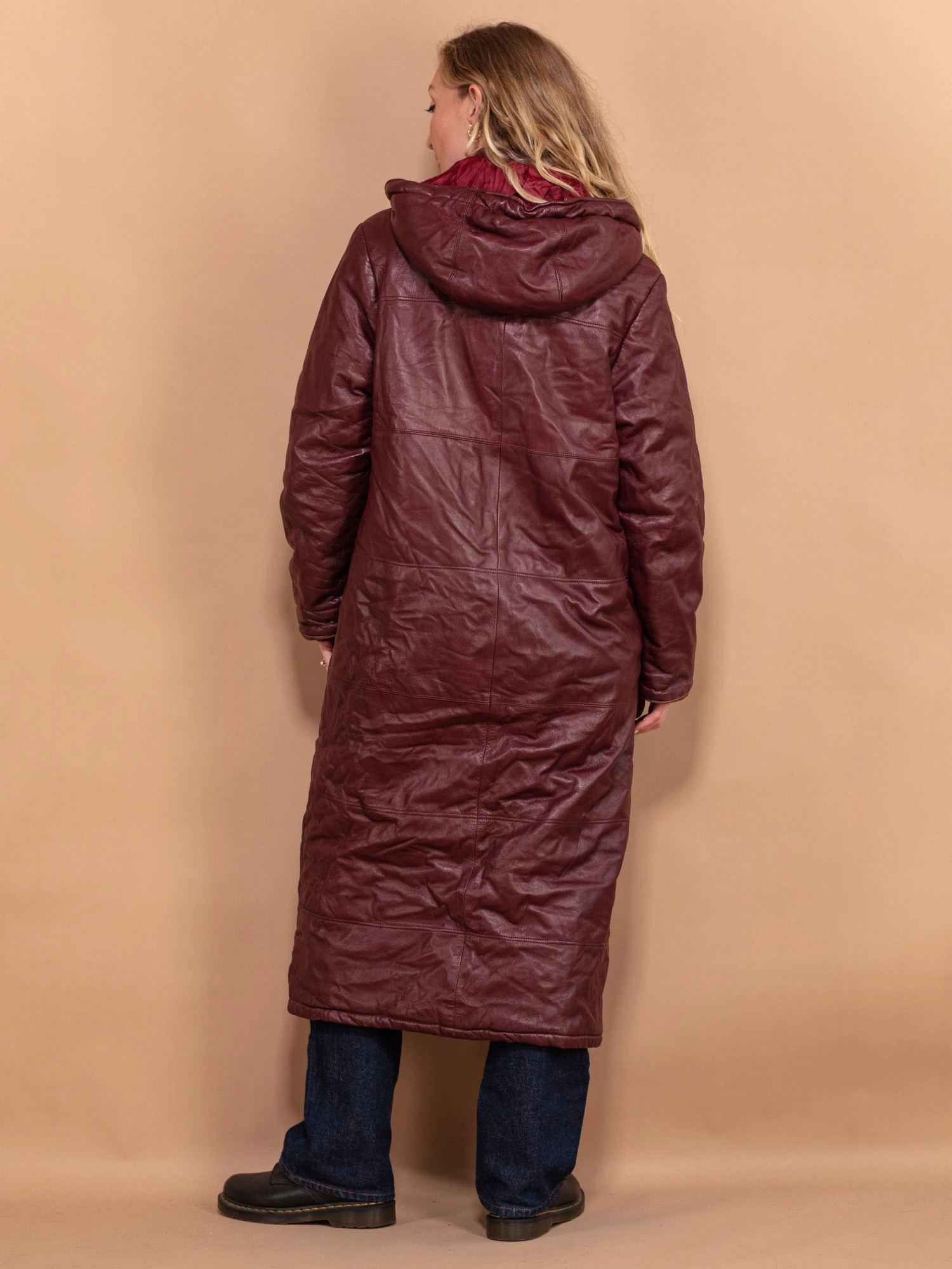 Vintage 80's Women Hooded Leather Coat In Bordo Red 2 Vintage 80's Women Hooded Leather Coat In Bordo Red - Image 2