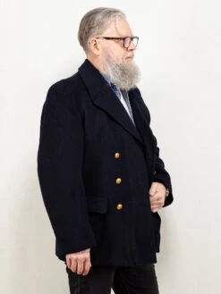 Vintage 70's Men Wool Blend Peacoat In Navy Blue -Northern Grip wool coat vintage 70s blue menM 47